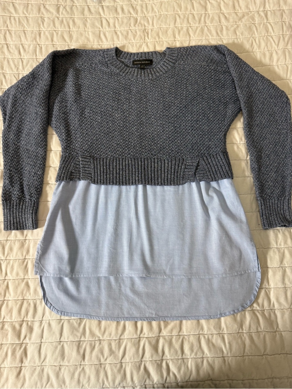 Banana Republic Blue Textured Knit Crewneck with Light Blue Layered Hem - M